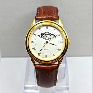 Coleman Quartz 18k Gold Plated Roman Numeral Dial Mens Leather Strap New Battery